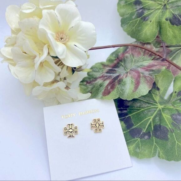 NWOT Tory Burch Gold Logo, Black Outline Kira Stud Earrings - Picture 8 of 11